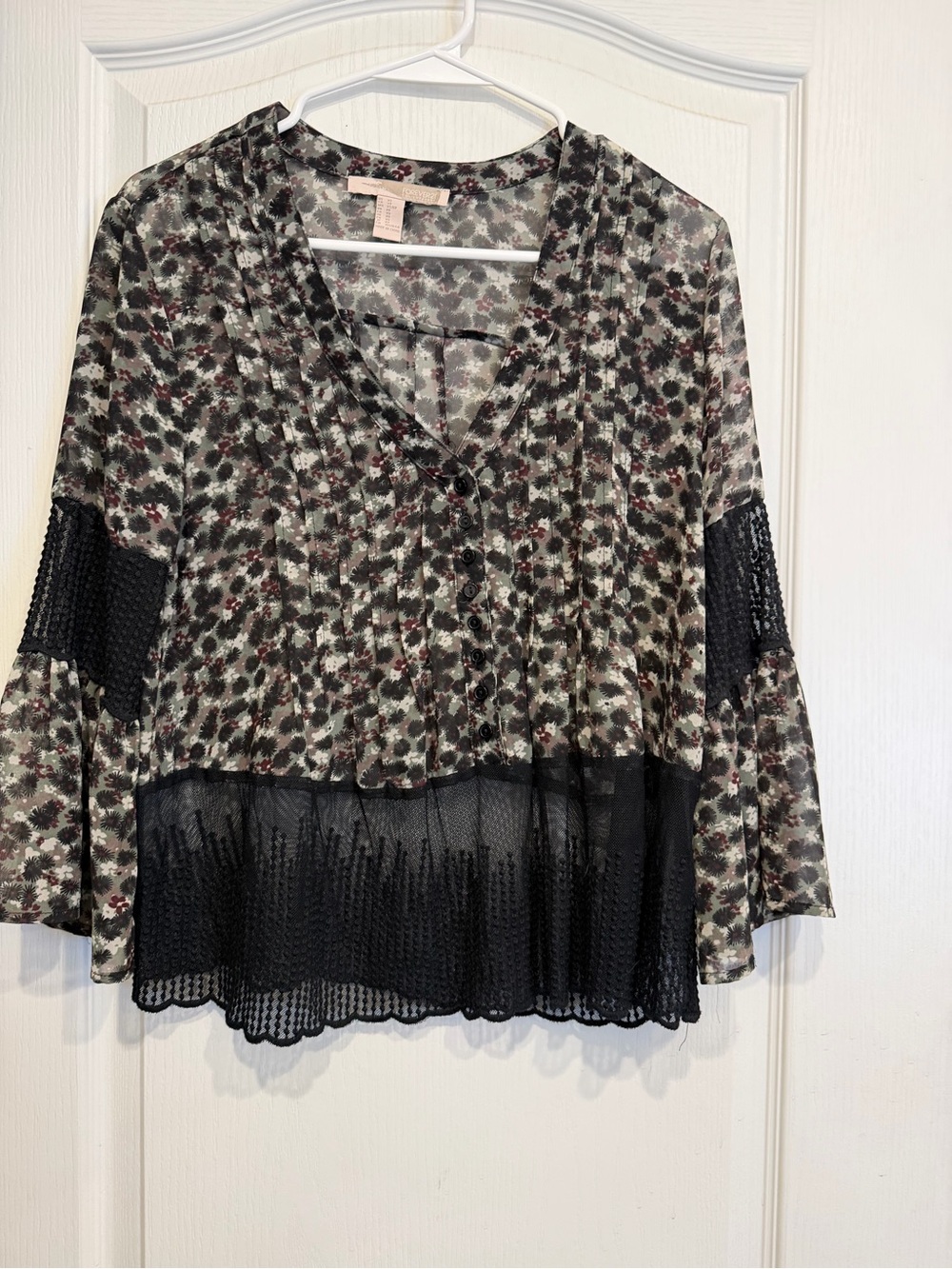 Forever 21 Black and Gray Floral Sheer V-Neck Blouse